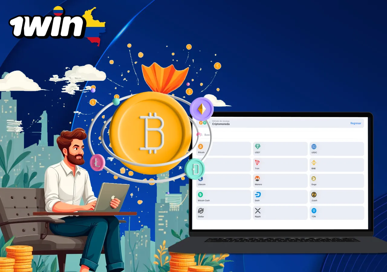 gestionar cuentas de criptomonedas en 1win, con iconos de Bitcoin, Ethereum, Litecoin y otras divisas digitales en pantalla.