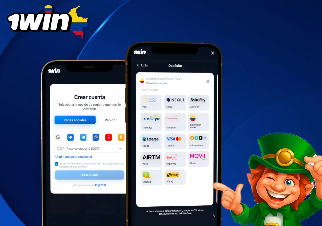 Proceso de registro y opciones de depósito en 1win Colombia con personaje duende de Gold Party