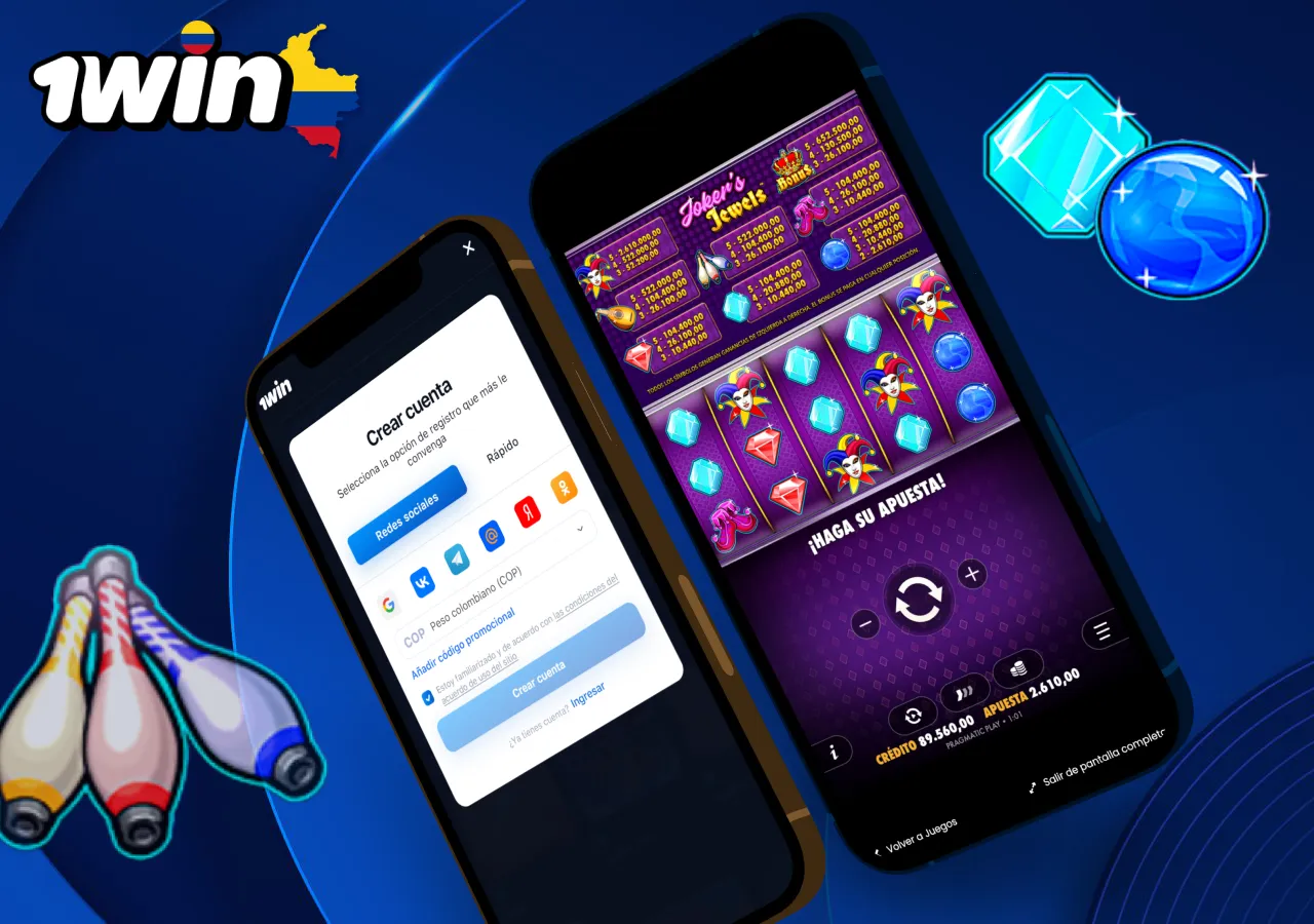 Registro de cuenta en 1win junto a tragamonedas Joker's Jewels en versión móvil con símbolos de joyas.