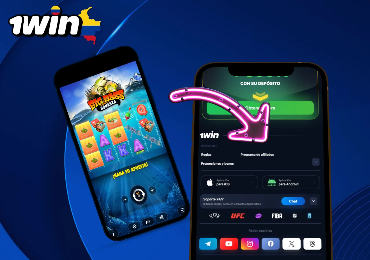 Versión móvil de Big Bass Bonanza con acceso al casino 1win.