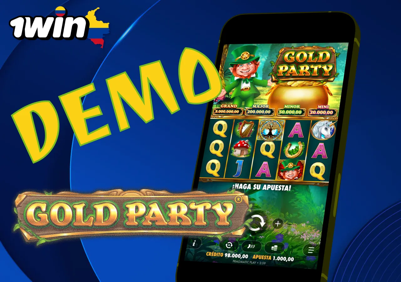 Versión demo del juego Gold Party en 1win con interfaz de tragamonedas y duende animado.
